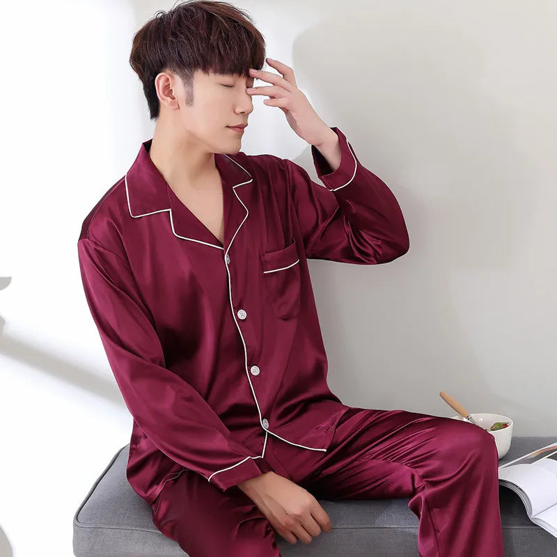 Solid Color Silk Satin Pajama Set – Long Button-Down Sleepwear for Couples, Women & Men Loungewear Plus Size