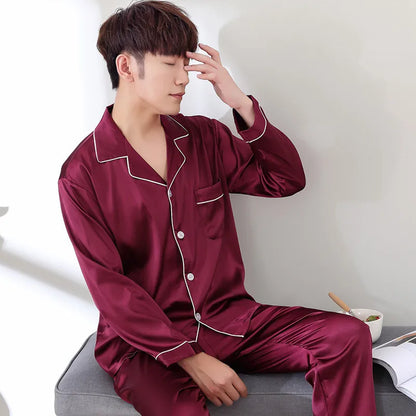 Solid Color Silk Satin Pajama Set – Long Button-Down Sleepwear for Couples, Women & Men Loungewear Plus Size