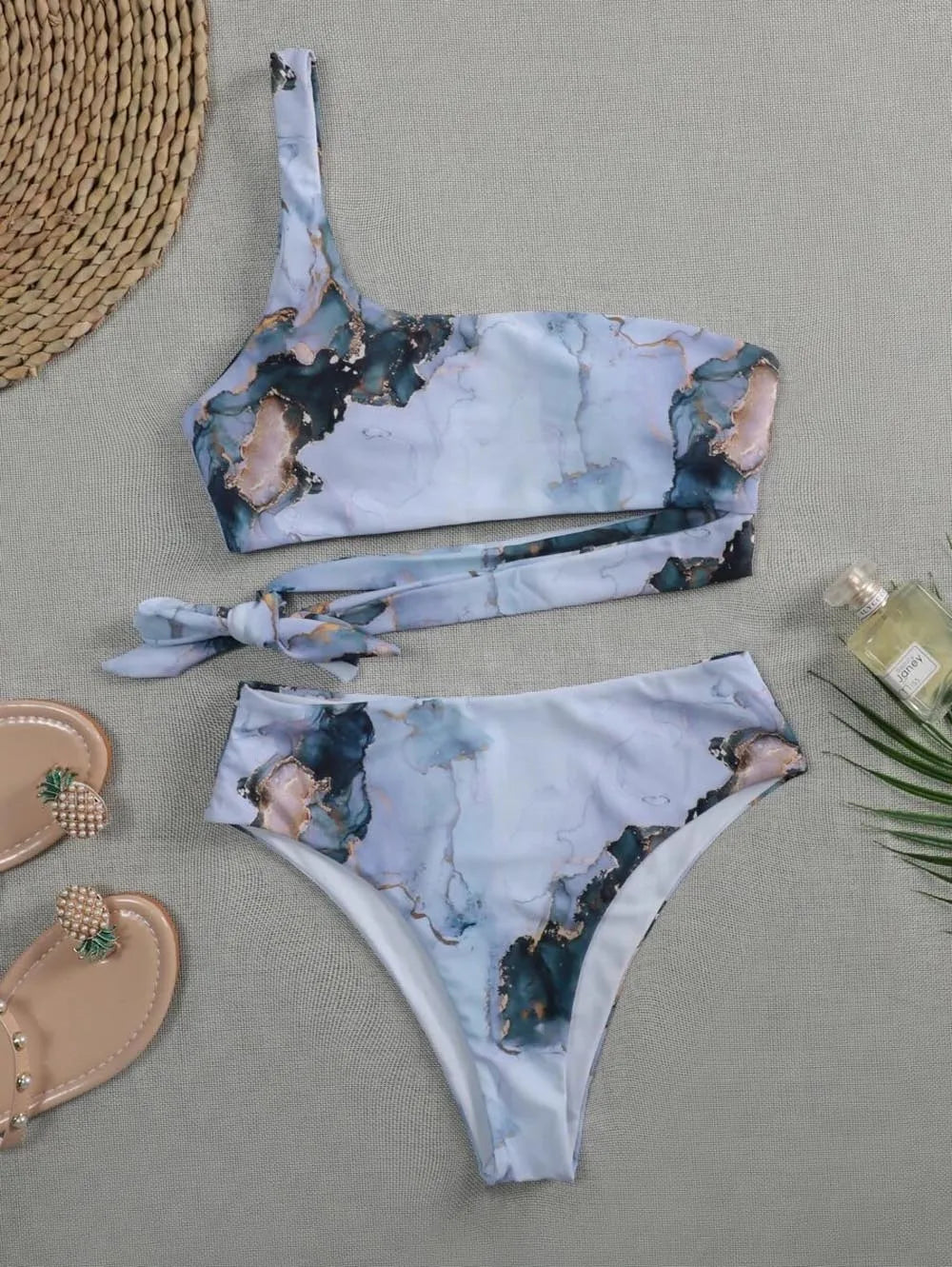 Women’s Marble Print Bandeau Bikini Set - Push Up High Waist Sport Swimsuit Beachwear