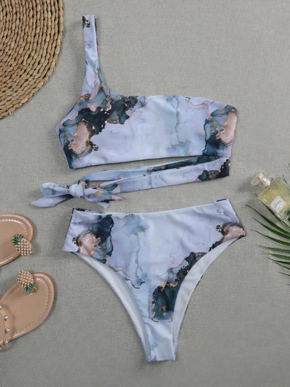 Women’s Marble Print Bandeau Bikini Set - Push Up High Waist Sport Swimsuit Beachwear
