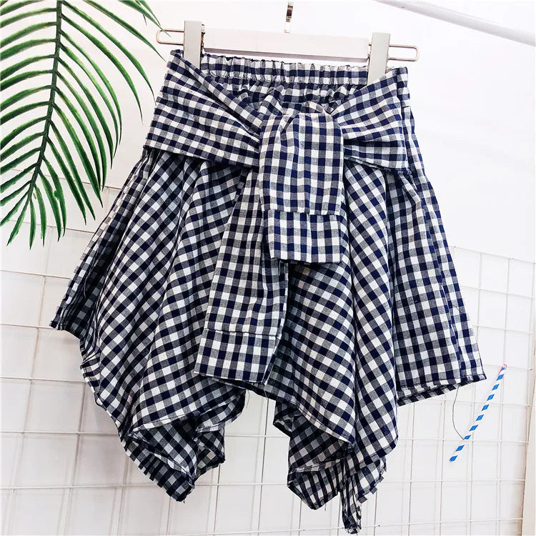 TOTRUST Women’s Fashion Asymmetrical Summer Plaid Mini Skirt – Casual College Style Fake Shirt Design