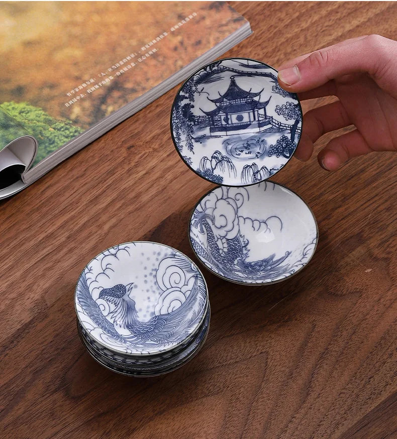 70ML Handmade Blue & White Porcelain Tea Cup – Dragon, Phoenix & Fish Pavilion Design for Chinese Kungfu Tea Ceremony