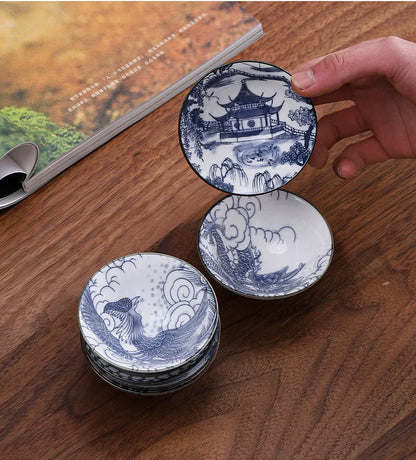 70ML Handmade Blue & White Porcelain Tea Cup – Dragon, Phoenix & Fish Pavilion Design for Chinese Kungfu Tea Ceremony