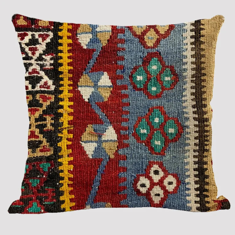 Bohemian Linen Cushion Cover – Multicolor Ethnic Geometric Pattern Decorative Pillow for Living Room Sofa