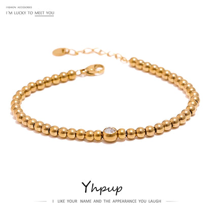Yhpup Stainless Steel Bead Chain Bangle Bracelet – Gold Plated Cubic Zirconia Waterproof Fashion Jewelry for Women