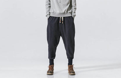 Men’s Cotton Linen Harem Pants – Solid Color Baggy Drop-Crotch Joggers with Elastic Waist Casual Streetwear Trousers