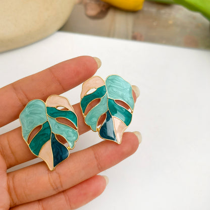 925 Silver Leaf Earrings for Women – Modern Geometric Green & White Trendy Jewelry Gift