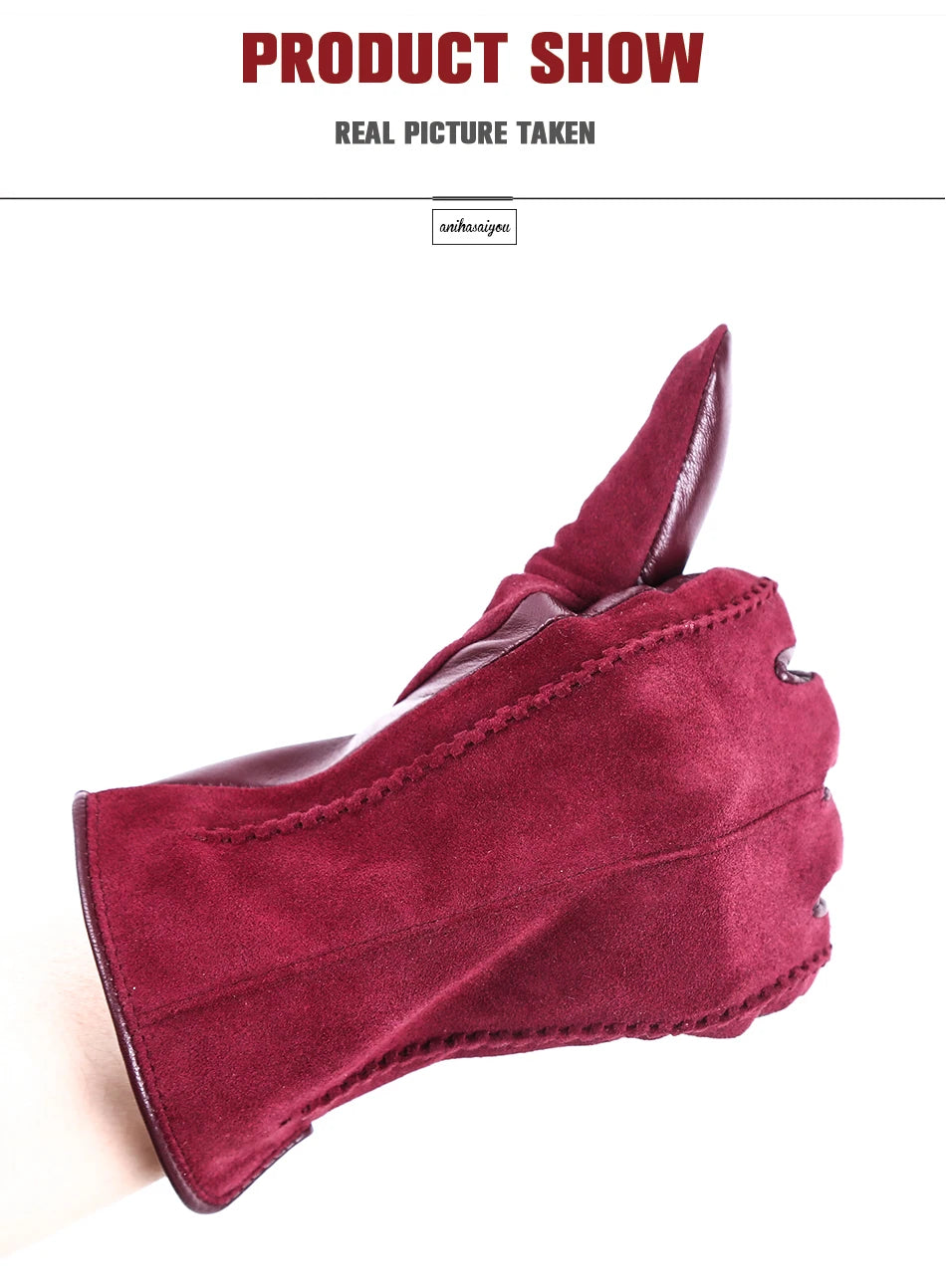 Women’s Winter Touch Gloves – 50% Genuine Leather & 50% Suede, Colorful Warm Leather Gloves