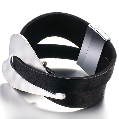 ALLYES Black Leather Bracelet for Men & Women - Fashion 2024 Magnetic Buckle with Heart Charm, Wide Wrap Jewelry