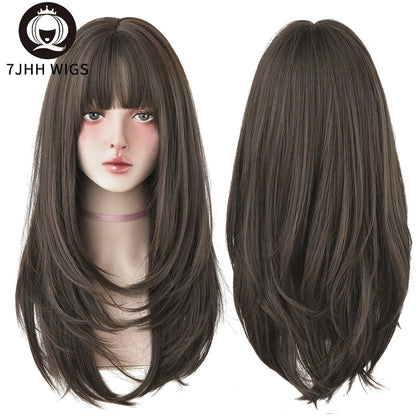 7JHHWIGS Long Straight Light Brown Synthetic Wig with Bangs – Heat-Resistant Daily Wear Wig for Women