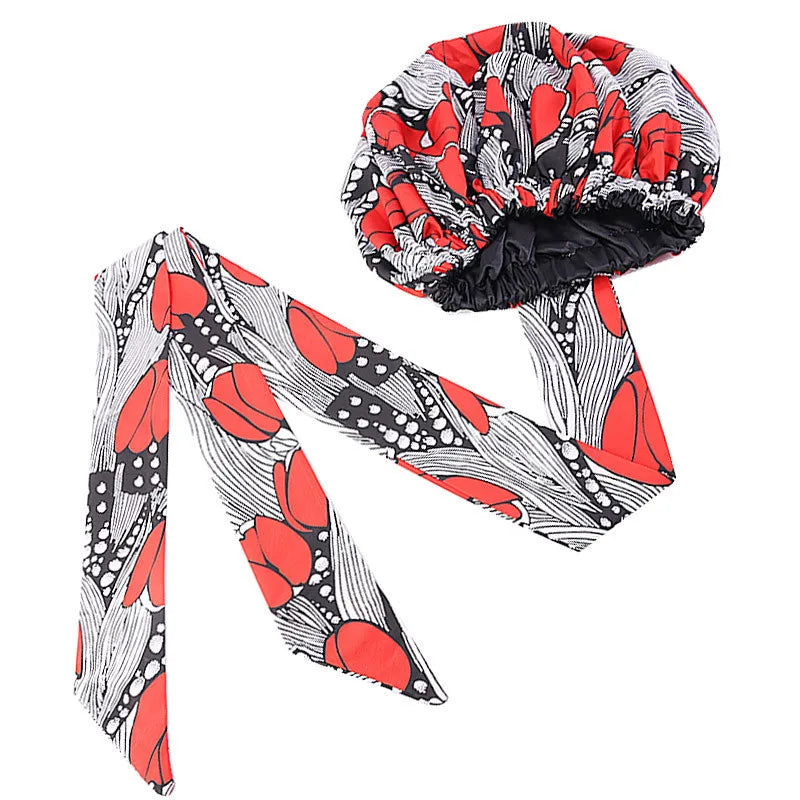 African Satin Lined Bonnet with Long Ribbon - Floral Ankara Print Head Wrap Turban Cap for Women
