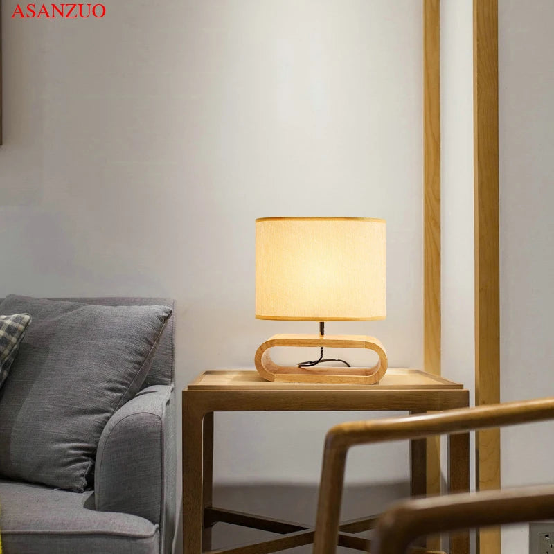 Nordic Wood Base Table Lamp with Cloth Lampshade - E27 Bedside, Desk & Reading Light for Living Room & Bedroom