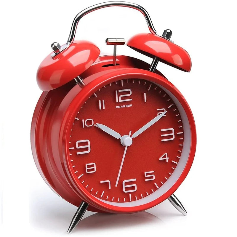 4 Inch Twin Bell Metal Alarm Clock – Loud Mechanical Desk Clock with Backlight 3D Dial, Battery Operated for Home & Office Use
