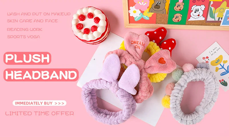 Soft Coral Fleece Bow Headband – Wash Face Hair Holder with Animal Ears for Women & Girls