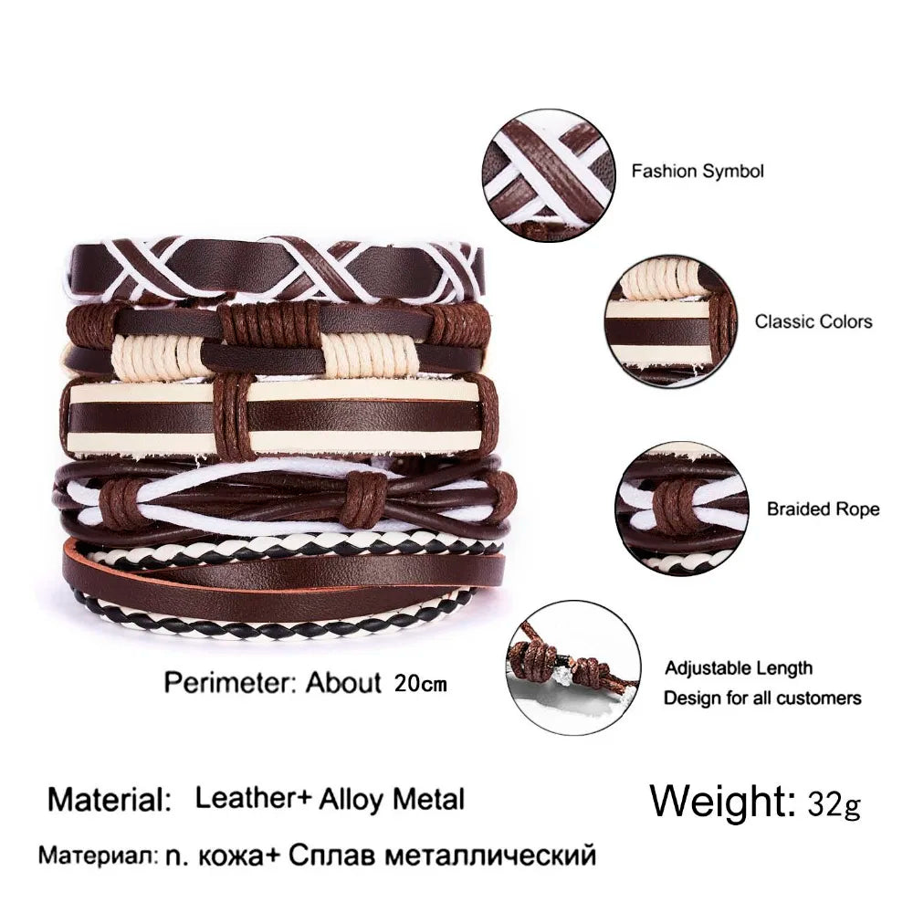 Men's Vintage Multilayer Leather Braid Bracelet - Handmade Star, Leaf & Owl Rope Wrap Bangle, Male Gift Jewelry