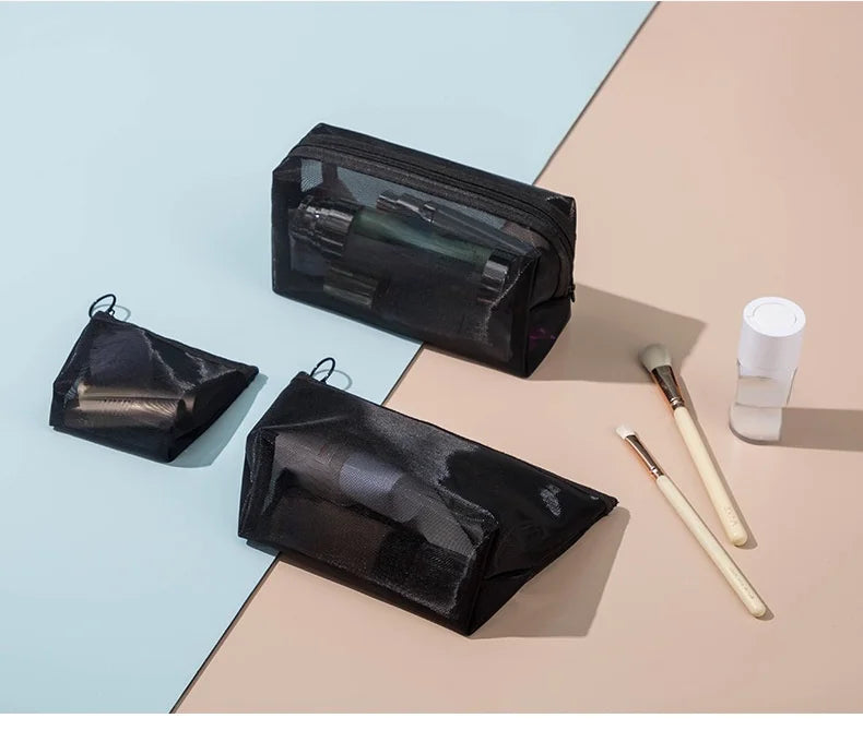 Transparent Mesh Zipper Cosmetic Bag – Fashionable Black Toiletry Organizer, Small & Large Makeup Pouch for Women