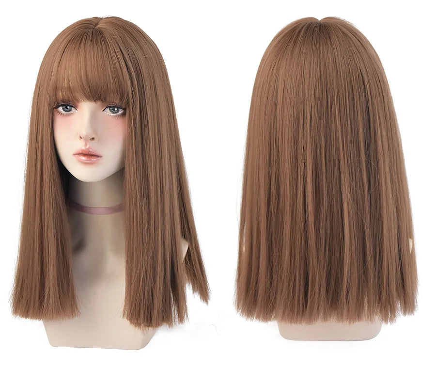 7JHHWIGS Long Straight Light Brown Synthetic Wig with Bangs – Heat-Resistant Daily Wear Wig for Women