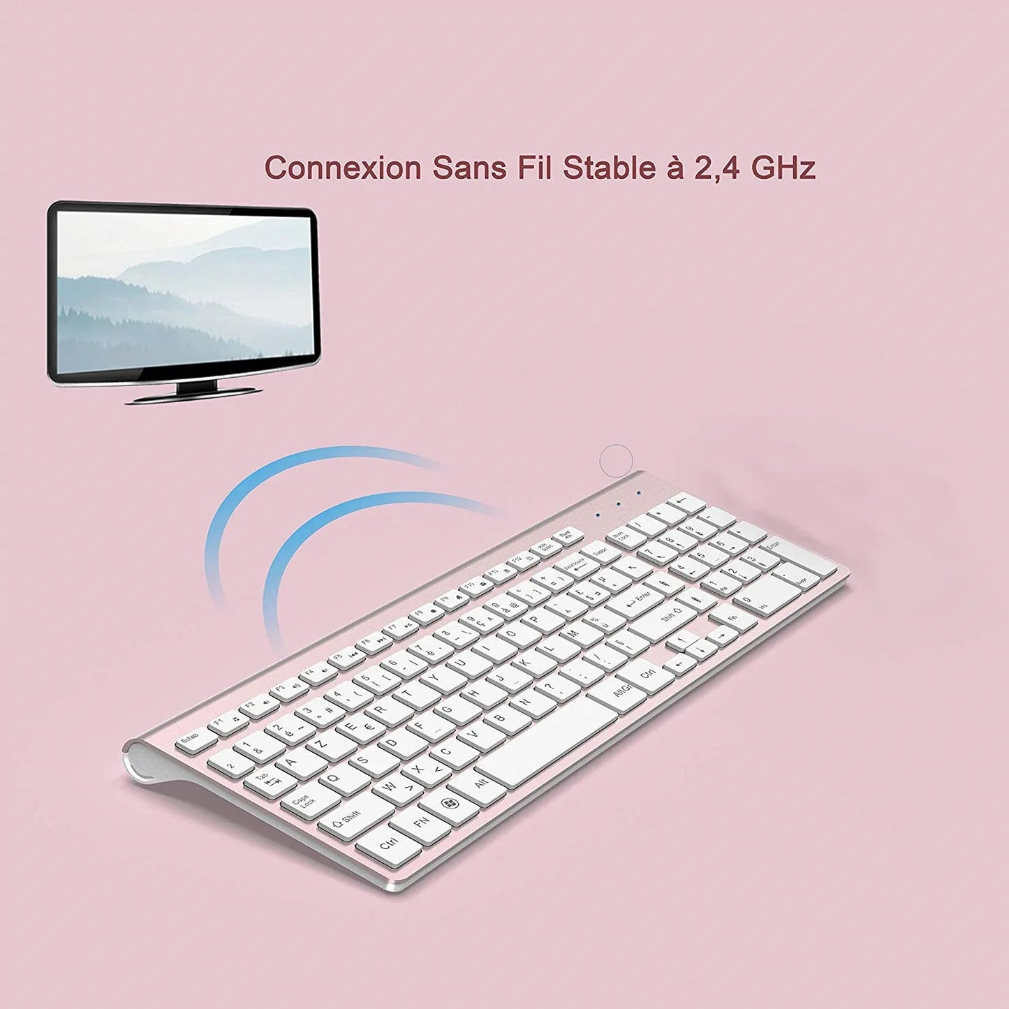 Wireless AZERTY Keyboard 2.4G USB — Ultra-Thin, Silent, Ergonomic French Keyboard for PC & Laptop, Pink/Grey/Silver