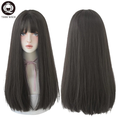 7JHHWIGS Long Straight Light Brown Synthetic Wig with Bangs – Heat-Resistant Daily Wear Wig for Women