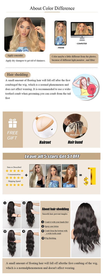 ALAN EATON Blonde Layered Synthetic Wig with Bangs – Long Straight Heat-Resistant Wig for Women & Girls, Natural Daily Hair