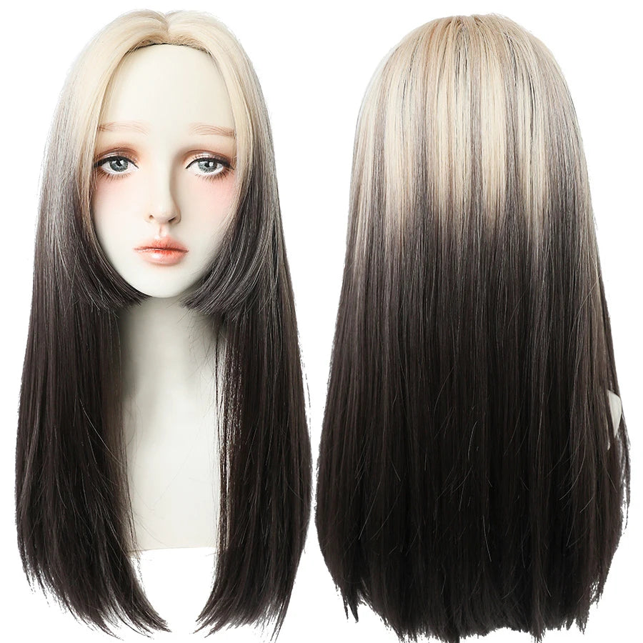 7JHHWIGS Long Straight Light Brown Synthetic Wig with Bangs – Heat-Resistant Daily Wear Wig for Women