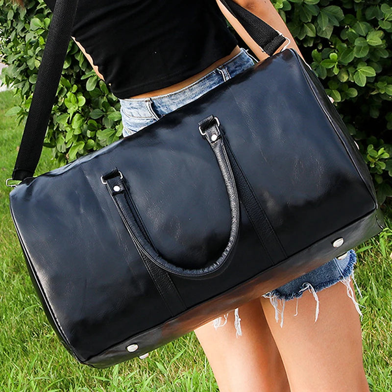 Leather Travel Duffle Bag – Large Fitness & Luggage Shoulder Bag for Men, Black PU Fashion Zipper Handbag