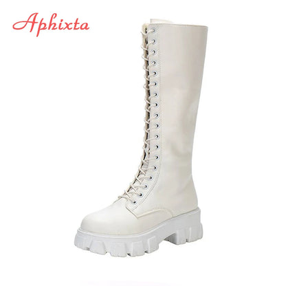 Aphixta 2025 Women’s Winter Knee-High Boots – White PU Leather Lace-Up Platform Fashion Shoes