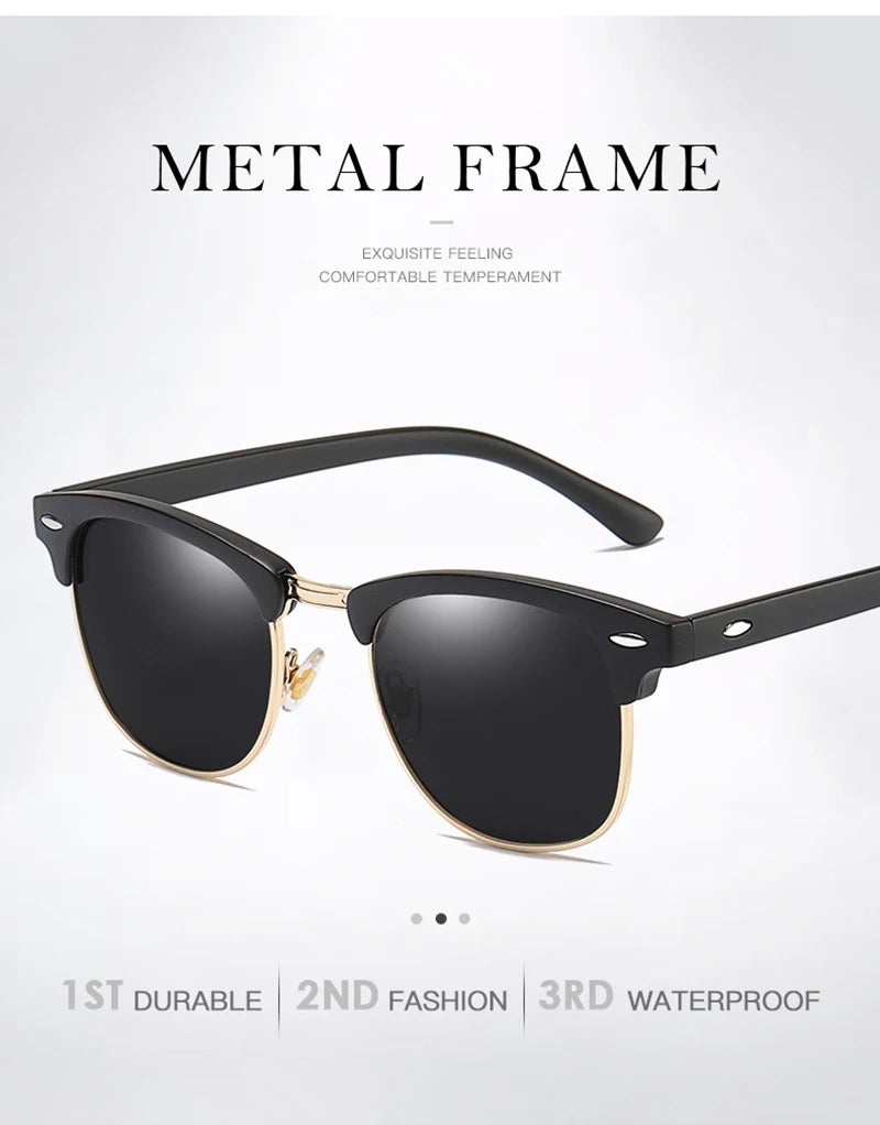 Classic Half Frame Polarized Sunglasses – Retro Rivet Design for Men & Women, Anti-Glare Black Travelling Shades