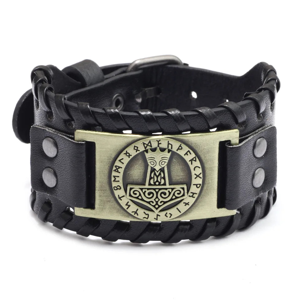 Totem Design Wide Leather Pirate Compass Bracelet - Men's Celtic Viking Jewelry, Party Gift Accessories