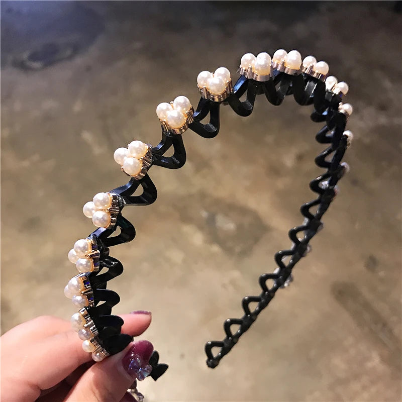 Rhinestone Pearl Flower Hairband - Non-Slip Elastic Headband for Women & Girls