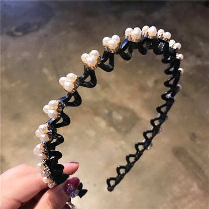Rhinestone Pearl Flower Hairband - Non-Slip Elastic Headband for Women & Girls