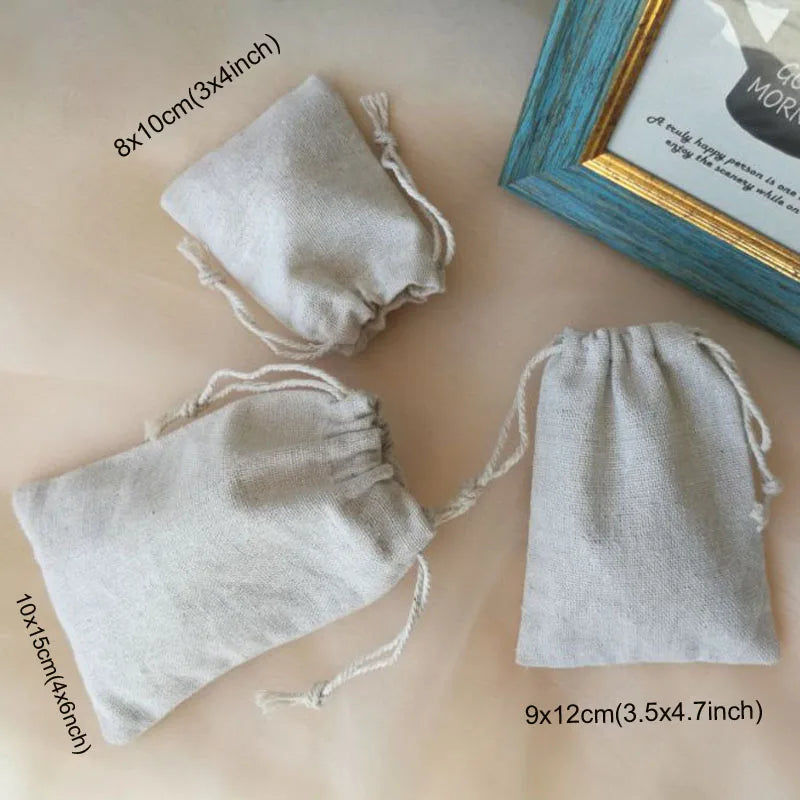 50PCS Natural Linen Gift Bags — 5×7, 7×9, 9×12cm Jute Candy & Jewelry Pouches