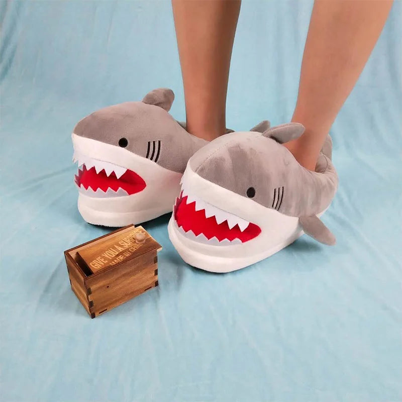 Feerldi Shark Winter Slippers — Cartoon Anime Slip-On Fish Slides for Girls, Boys & Women, Plush Open-Mouth Cotton Shoes