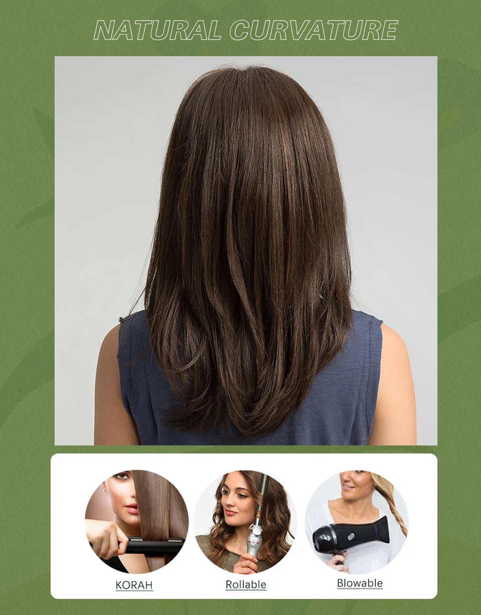 ESIN Synthetic Dark Brown Wig for Women - Long Wavy Wig with Bangs, Heat Resistant for Party & Daily Use