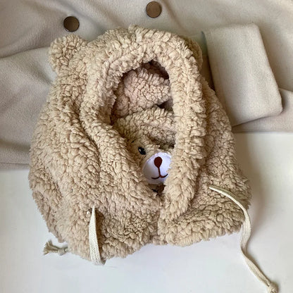 Cartoon Bear Ear Lamb Beanie Hat with Mask - Warm Balaclava Winter Skullies for Women & Girls