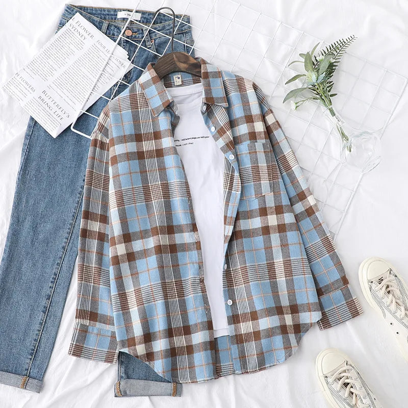 2025 Women’s Flannel Plaid Shirt – Casual Loose Cotton Long Sleeve Blouse, Designer Style Tops