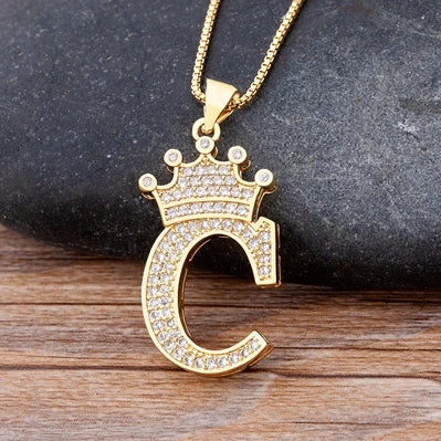 Nidin Luxury A-Z Crown Alphabet Pendant – Copper Zircon Initial Necklace Chain, Hip-Hop Style Jewelry for Men & Women