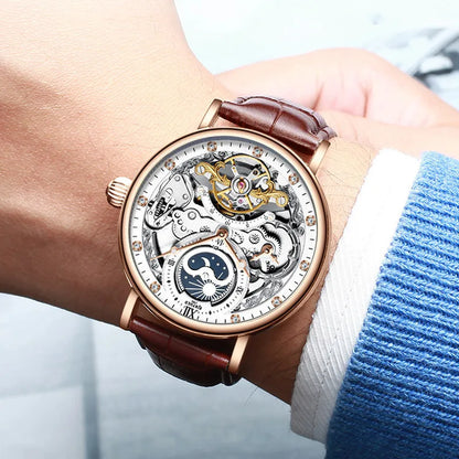 KINYUED Men’s Luxury Rose Gold Skeleton Tourbillon Automatic Watch – Waterproof Mechanical Wristwatch
