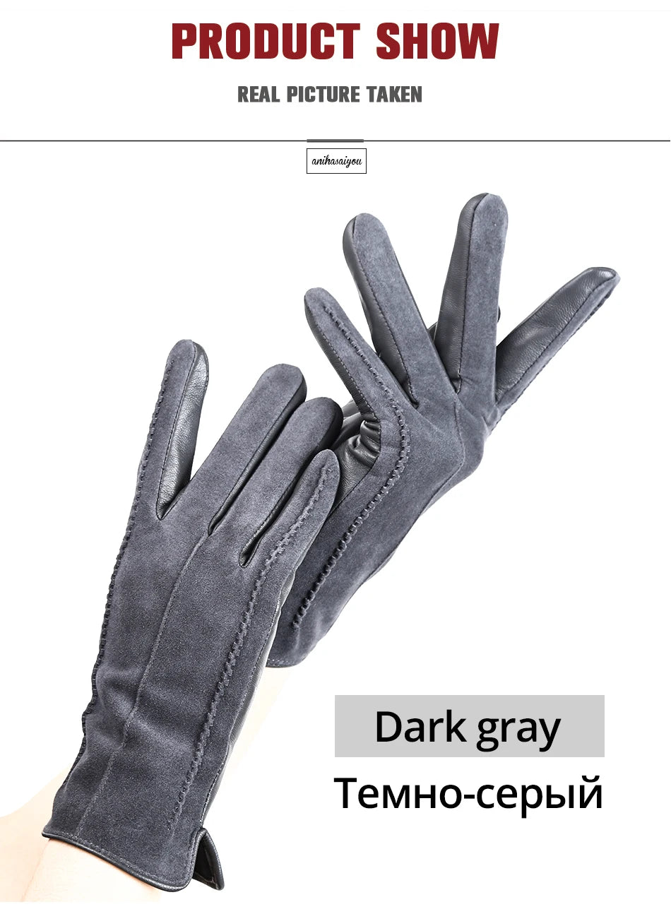 Women’s Winter Touch Gloves – 50% Genuine Leather & 50% Suede, Colorful Warm Leather Gloves