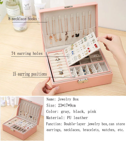 Double-Layer Wooden Jewelry Box – PU Leather Ring & Accessory Organizer with Storage and Makeup Case
