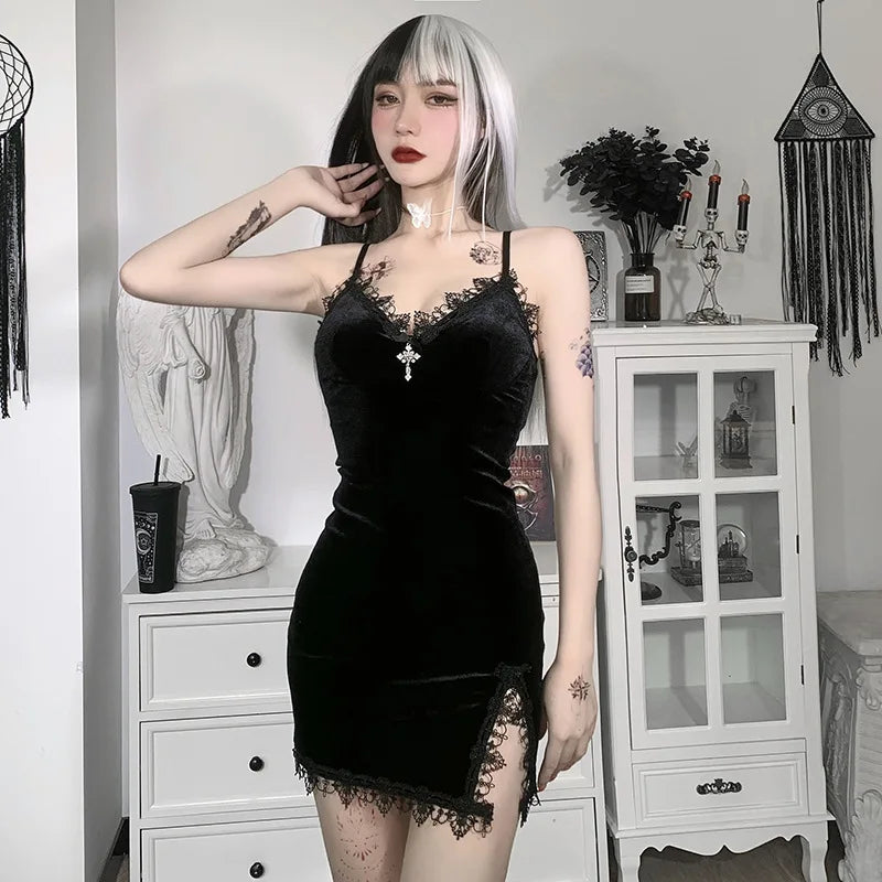 Dark Cross Black Mini Dress – Vintage Sexy Spaghetti Strap High Waist Slit Dress, Goth Party Clubwear for Women