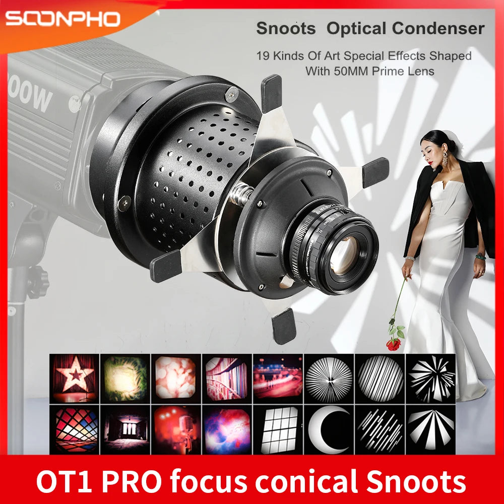 Soonpho OT1 PRO Bowens Mount Optical Snoot – 50mm/85mm/150mm Lenses for Graphic Art Effects, Godox Lighting Flash