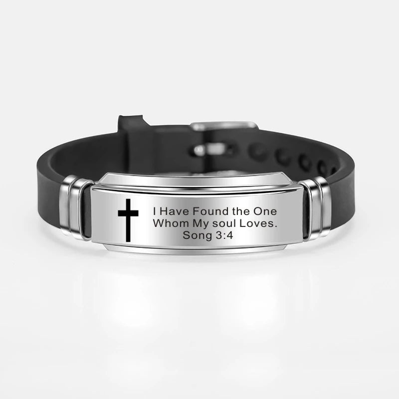 Cross Jesus Scripture Quote Bracelet – Christian Bible Verse Stainless Steel & Silicone Wristband