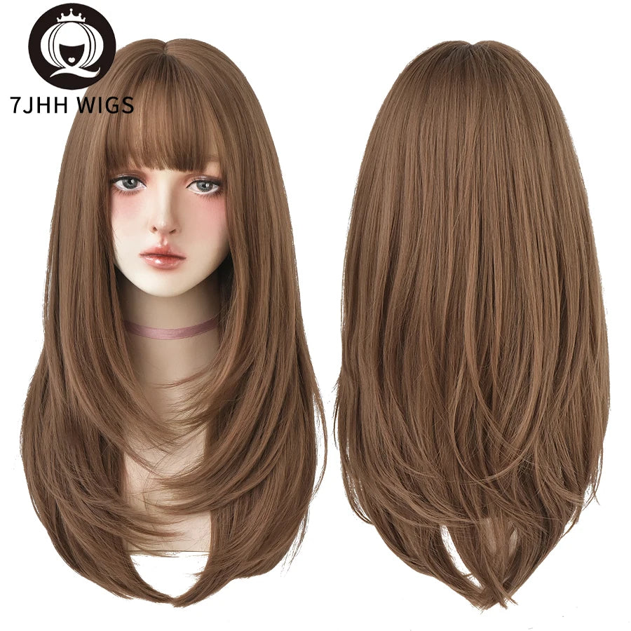 7JHHWIGS Long Straight Light Brown Synthetic Wig with Bangs – Heat-Resistant Daily Wear Wig for Women