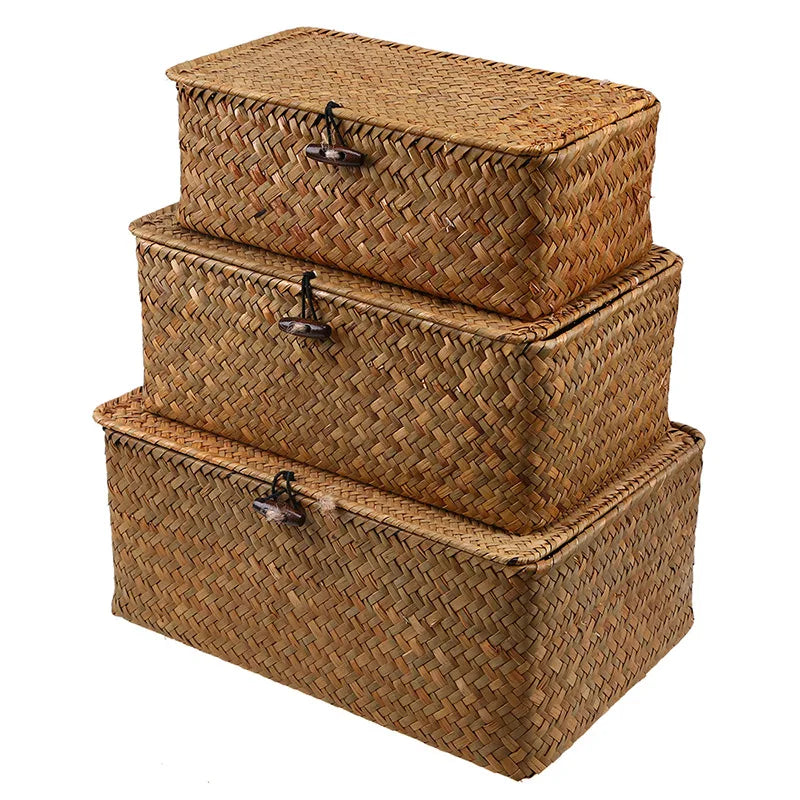 Handmade Seagrass Woven Storage Box with Lid - Seaweed Finishing Basket for Sundries, Bath Cosmetics, and Towels, Model MX01161829