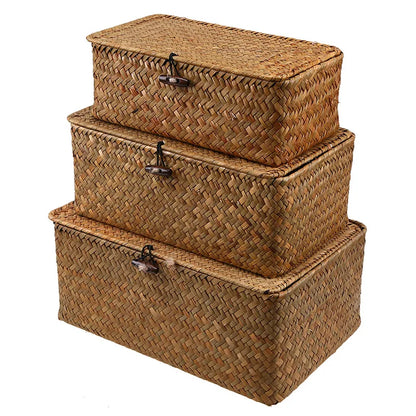 Handmade Seagrass Woven Storage Box with Lid - Seaweed Finishing Basket for Sundries, Bath Cosmetics, and Towels, Model MX01161829