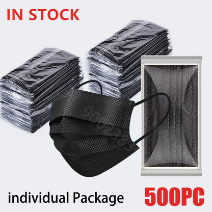 10-500PCS Adult Disposable Masks – Individual Black 3-Layer Anti-Dust Face Masks