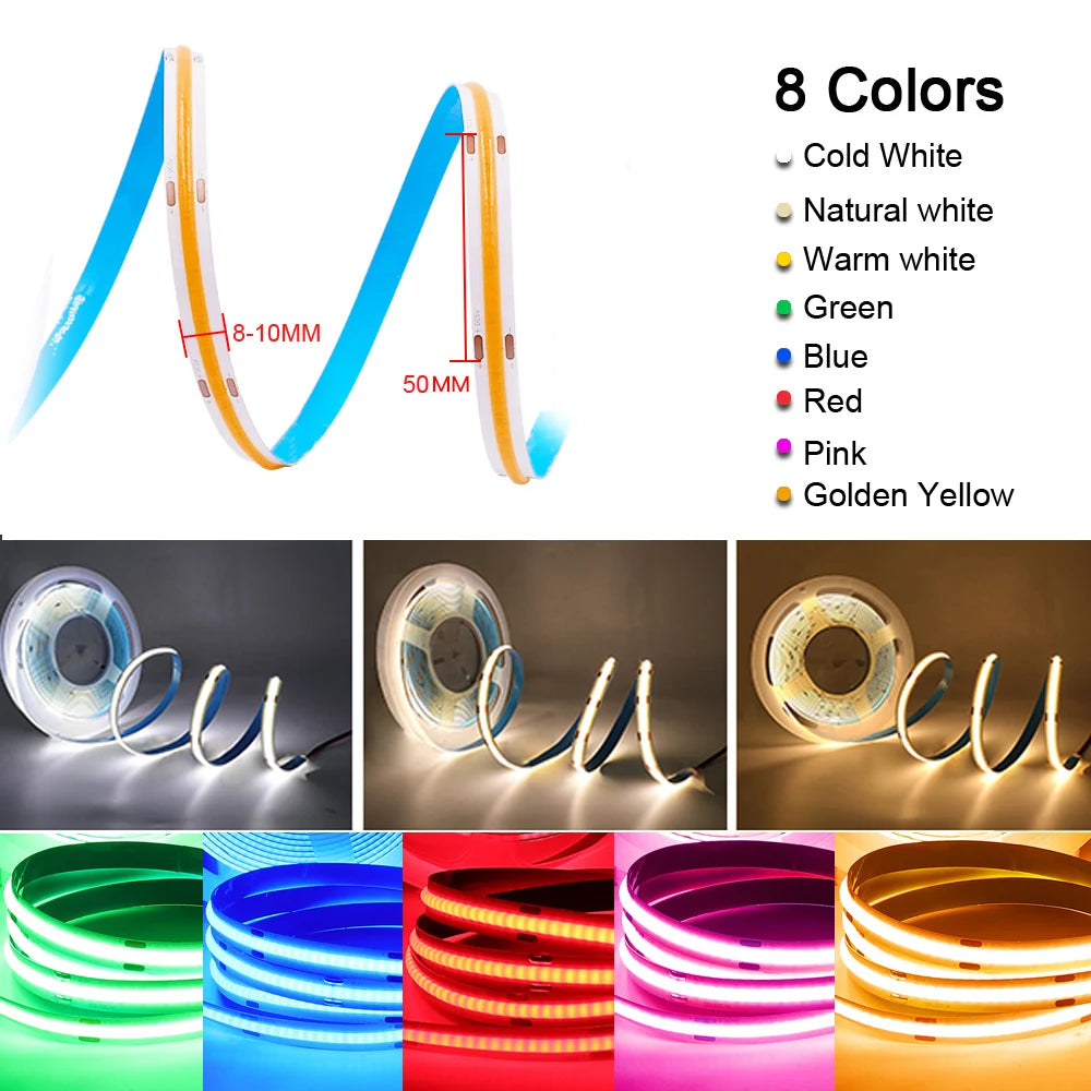 DC 5V USB LED COB Strip Light – High Density 320LED Flexible Tape Lighting in Warm White, Natural White, Red, Blue & Green for Home Decor