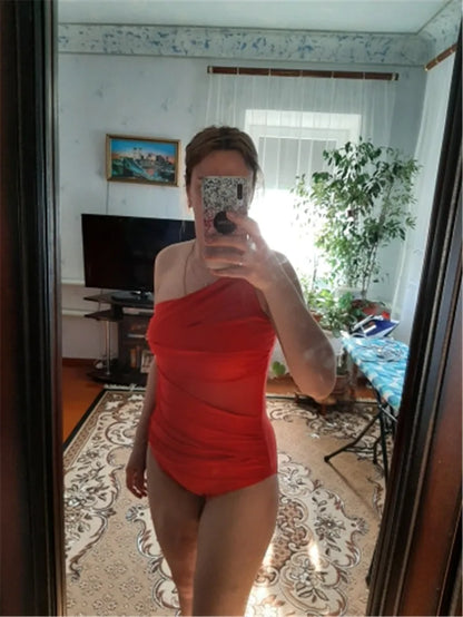 Plus Size One Shoulder Swimsuit - Women's Mesh Push Up Padded Slim Fit Solid Color Bathing Suit