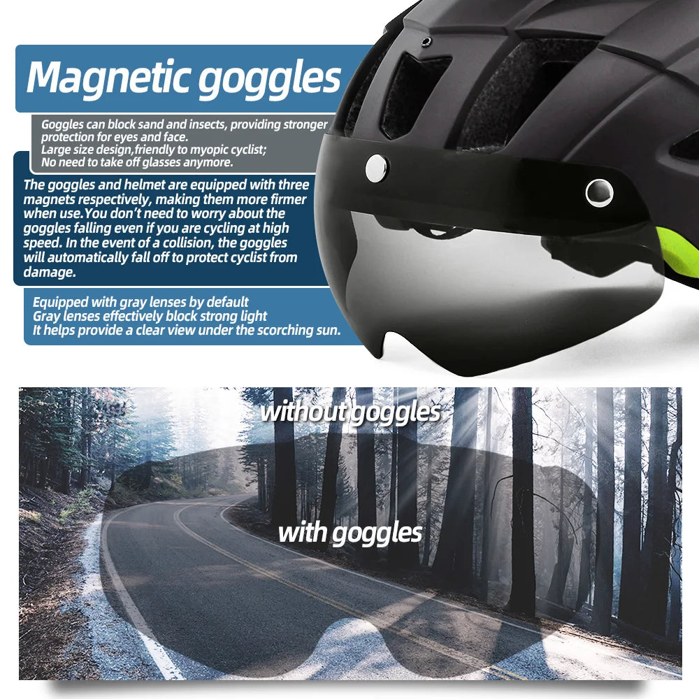 VICTGOAL LED Bike Helmet – Rechargeable Men’s Cycling Helmet with Sun Goggle Visor & Sunglasses Shield for Road & MTB Cycling